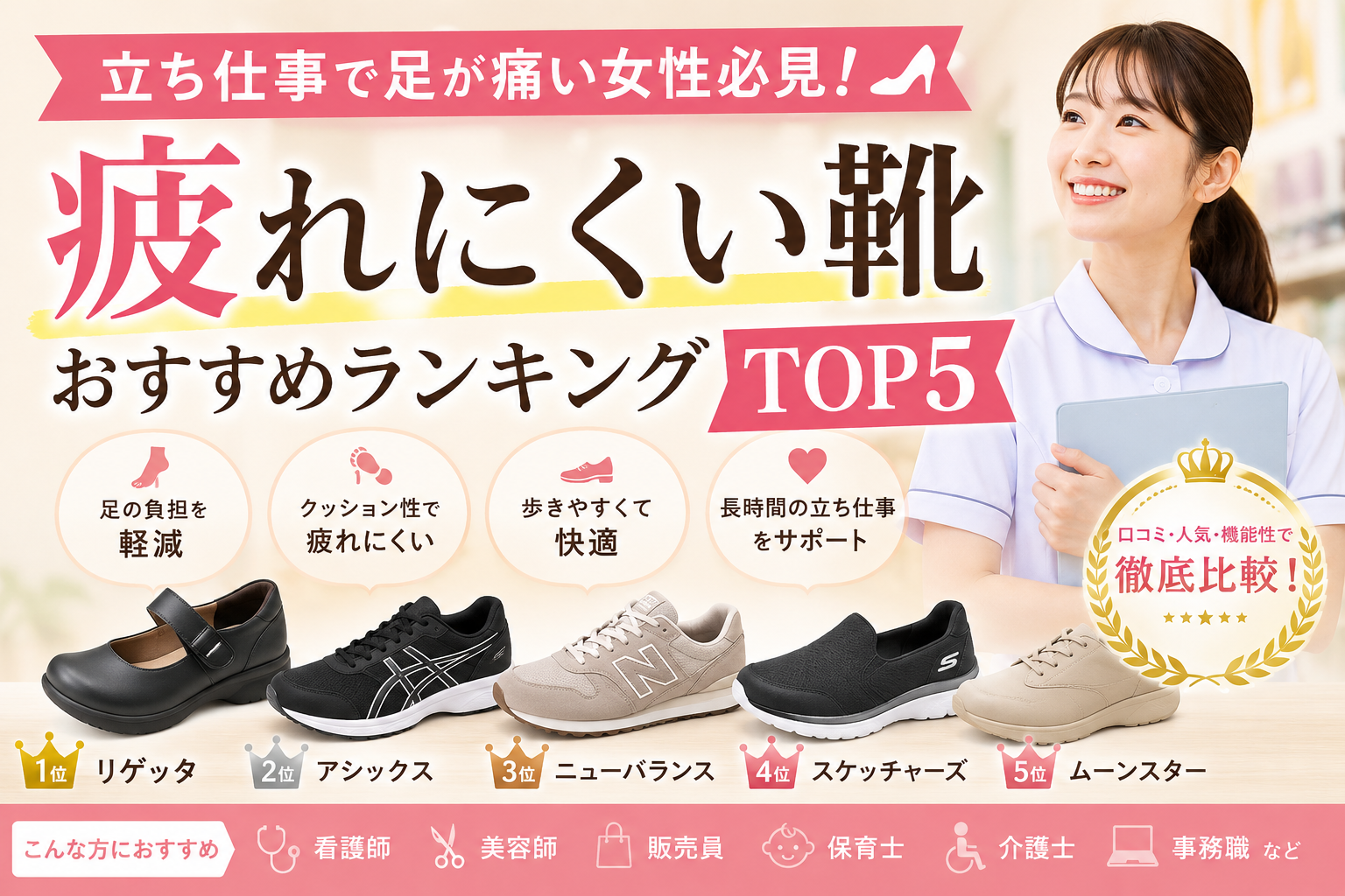 立ち仕事で足が痛い女性必見！疲れにくい靴おすすめランキングTOP5